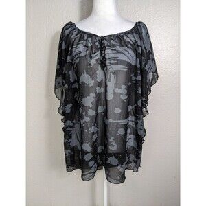 Black Rainn size L Boho Sheer Floral Lace Peasant Tunic Blouse Relaxed Top N33